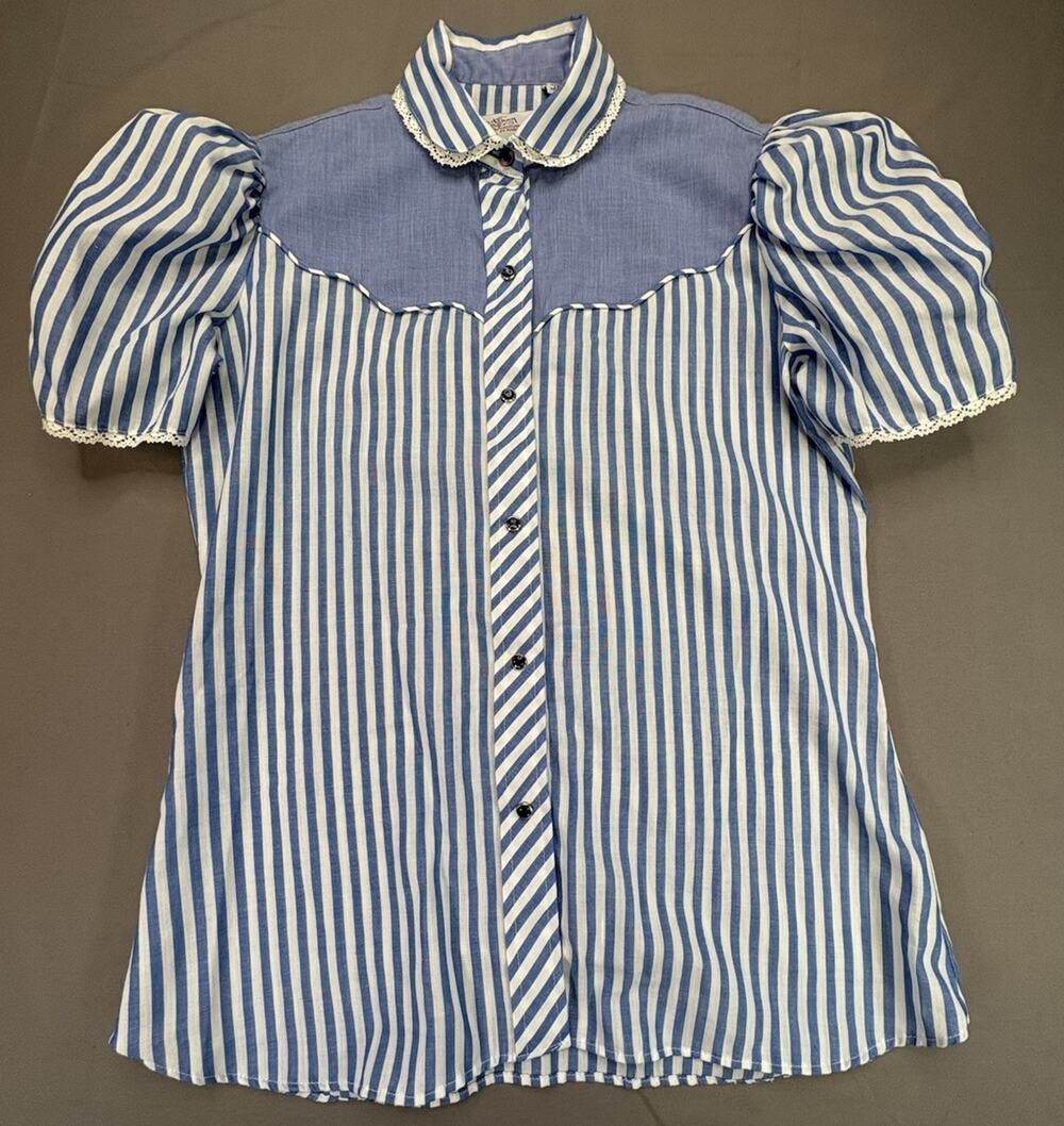 VTG Women’s 80s Kenny Rogers Karman USA Blue Stripe Puff Sleeve Cotton Blouse